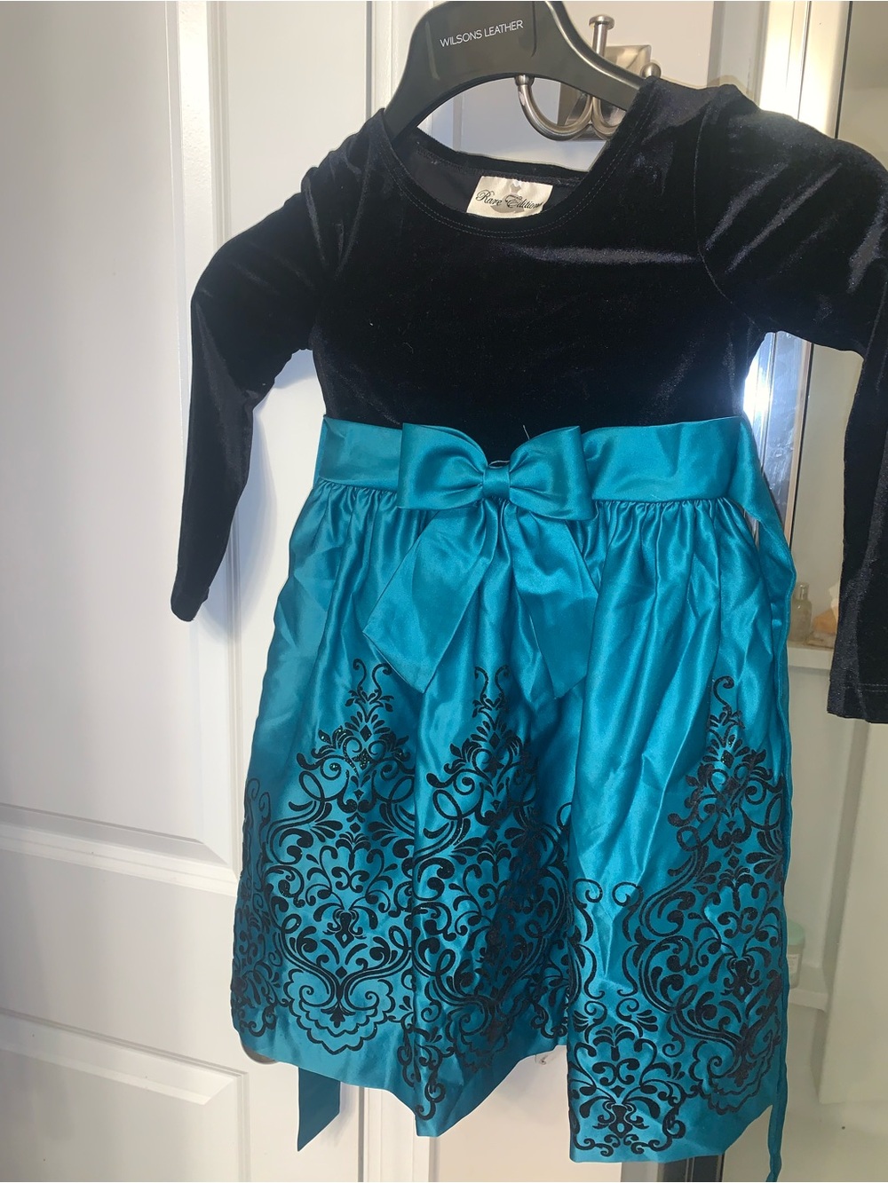 Rear Editions Velvet Top Teal Satin Bow Girl's Holiday Dress